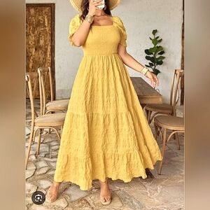 Bohemian Long Dress Mustard Yellow M L XL Sheered Ruched Puff Sleeve Midi Dress